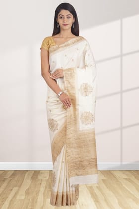 Off-White Linen Saree With Woven Design