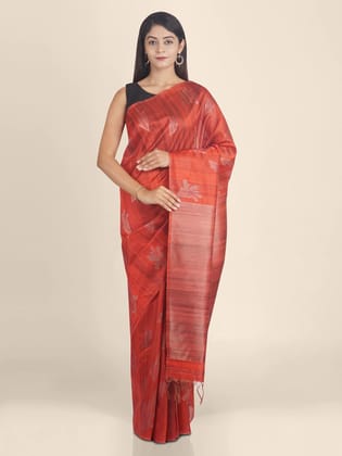 Elegant Red Tussar Silk Saree With Woven Design