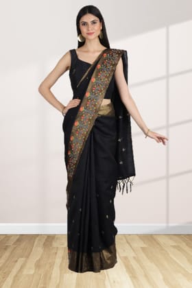 Black Tussar Silk Saree With Woven Design