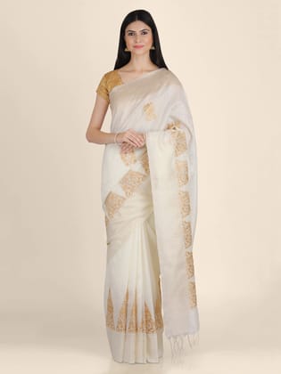 Off-White Pure Linen Woven Design Saree
