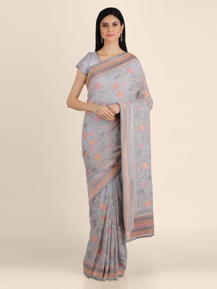 Grey Pure Georgette Embroidered Saree