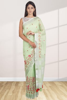 Mint Green Linen Saree With Modish Work