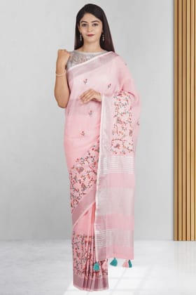 Pink Linen Saree With Modish Work