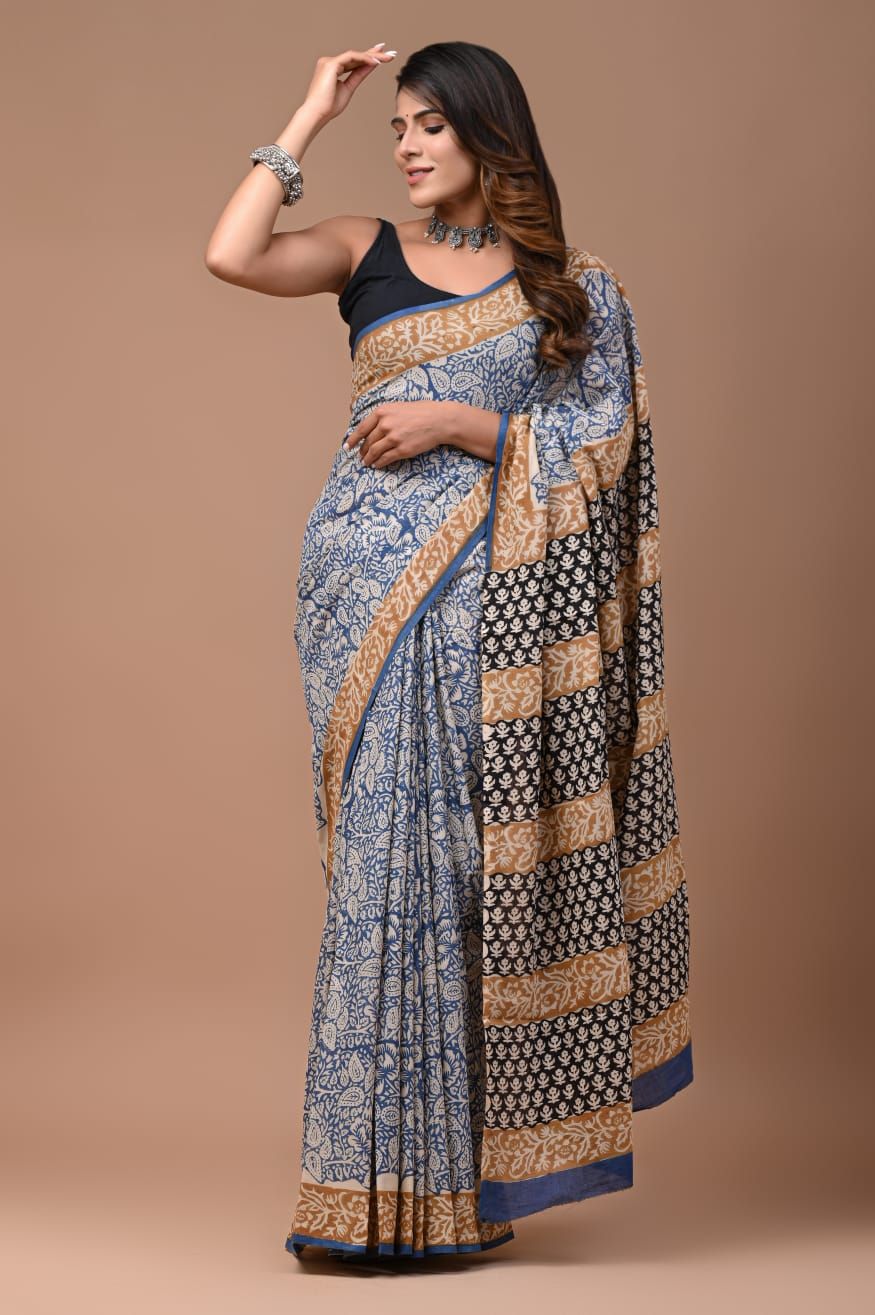 Bagru Handblock Printed Cotton Saree With Blouse