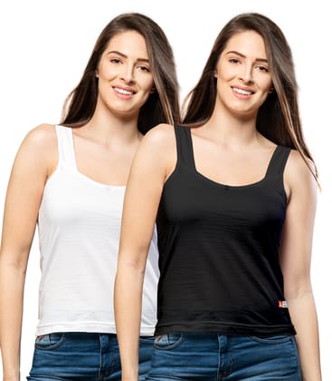 NRG Womens Cotton Assorted Colour Tank Top Half Slips ( Pack of 2 White - Black ) L12 Camisole