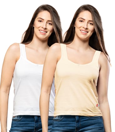 NRG Womens Cotton Assorted Colour Tank Top Half Slips ( Pack of 2 White - Skin ) L12 Camisole