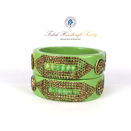 FHS Crystal Work Rajasthani Lac Bangles - Parrot Green