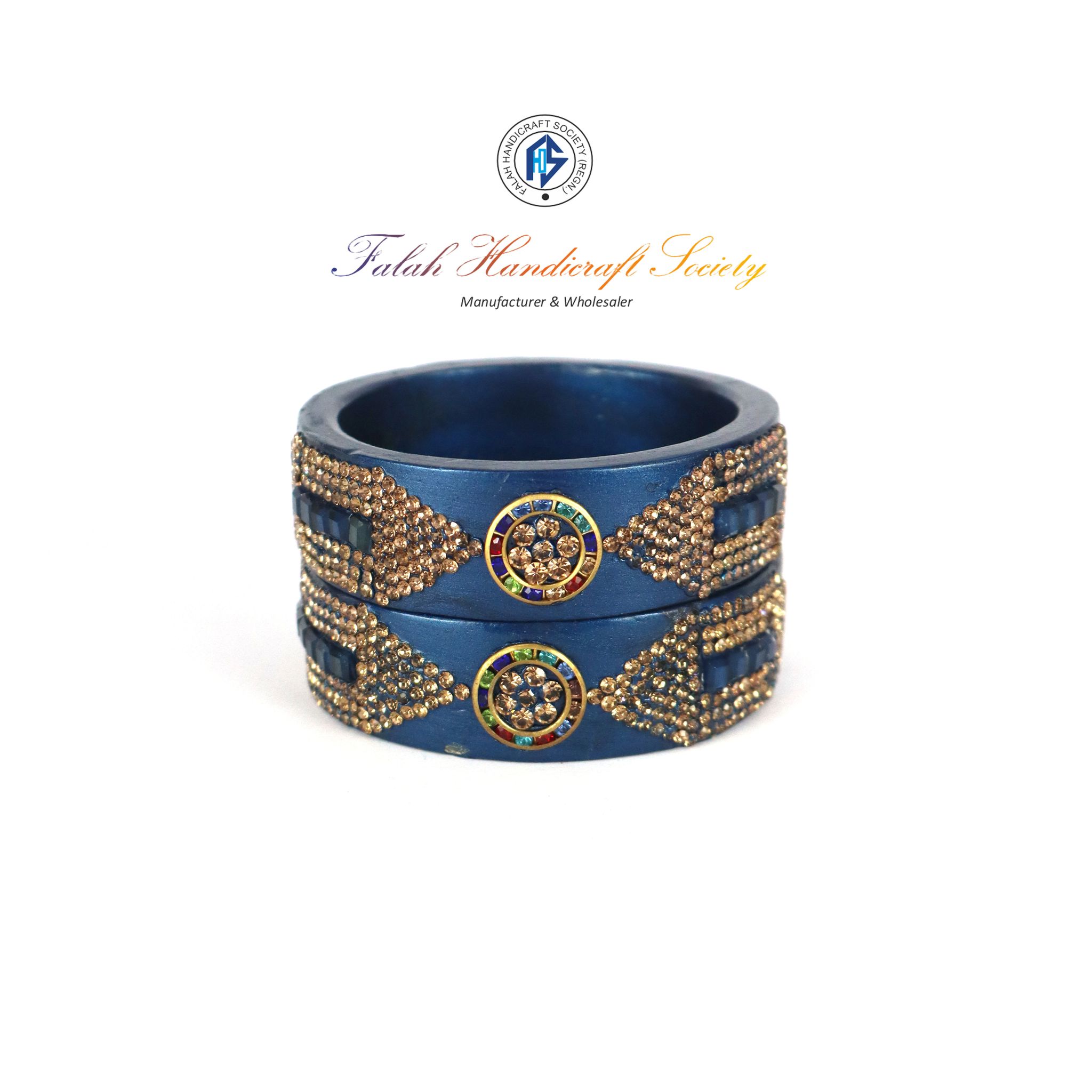FHS Crystal Work Rajasthani Lac Bangles - Blue (piece 2)
