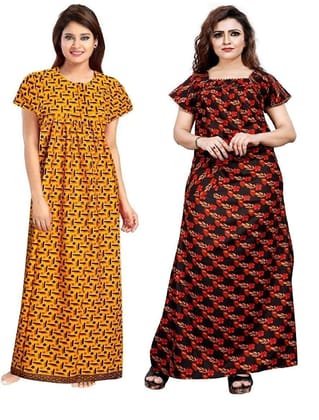 KBNBJ Women's Cotton Printed Night Gown Nighty Combo Pack of 2, Yellow & Black Color - Free Size