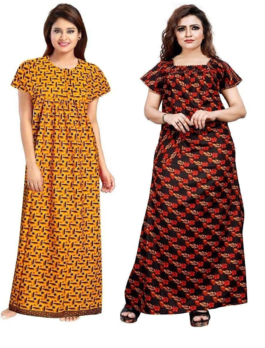 KBNBJ Women's Cotton Printed Night Gown Nighty Combo Pack of 2, Yellow & Black Color - Free Size