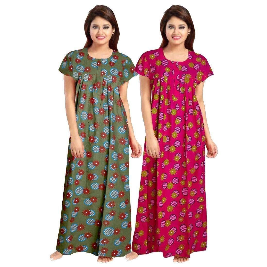 KBNBJ Women's Cotton Printed Maxi Nighty(KB_23&24_Mehndi & Rani_Free Size)
