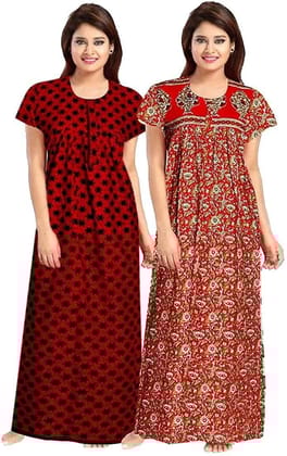 KBNBJ Women's Cotton All Over Print Maxi Nighty Pack of 2 (KB_6&32, Red, Free Size)