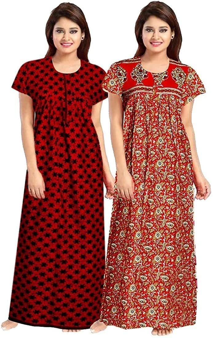 KBNBJ Women's Cotton All Over Print Maxi Nighty Pack of 2 (KB_6&32, Red, Free Size)