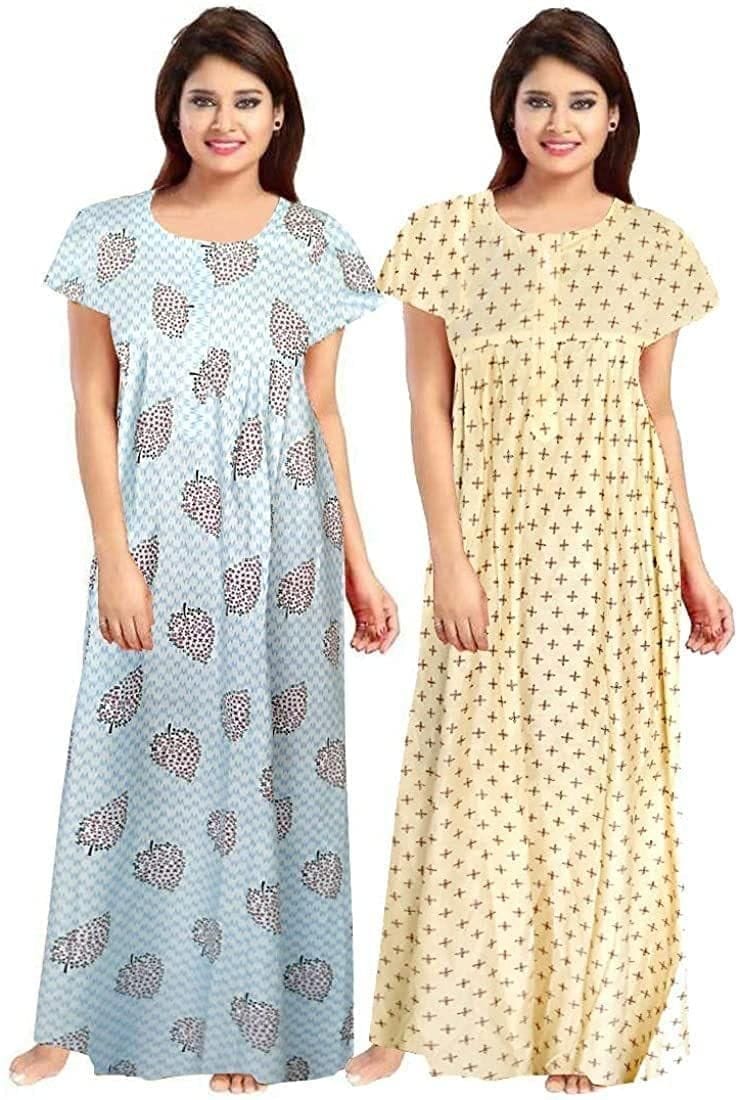 KBNBJ Women's Cotton Printed Nighty/Night Gown Combo Pack of 2 - (Light Blue, Free Size)