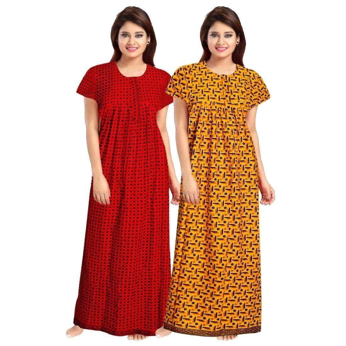 KBNBJ Women's Cotton Printed Maxi Nighty(Pack of 2)(kb(d.no 6&7)_Red & Yellow_Free Size)