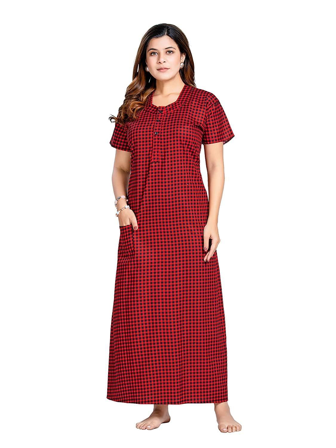 KBNBJ Women's Pure Cotton Regular Nighty with Pocket - Free Size(P31) Red