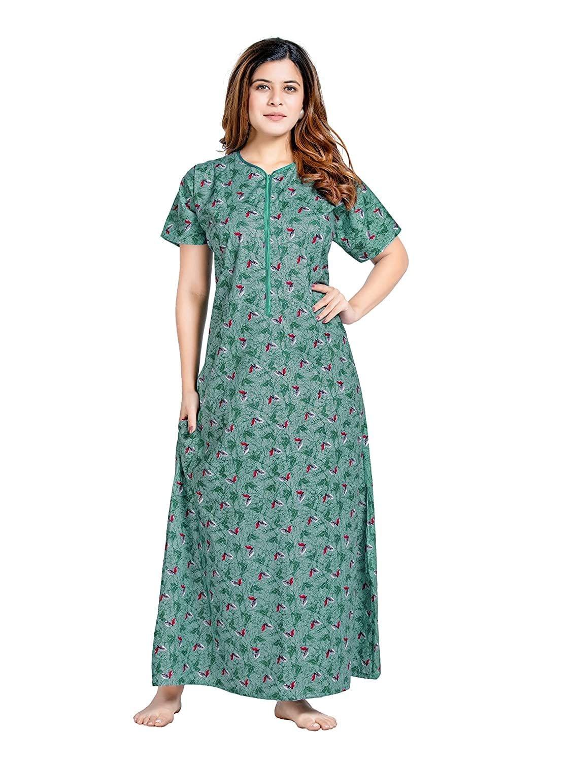KBNBJ Women's Pure Cotton Regular Nighty with Pocket - Free Size(P38) Rama Green