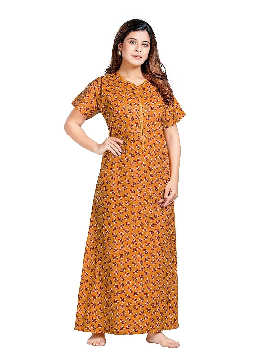 KBNBJ Women's Pure Cotton Regular Nighty with Pocket - Free Size(P37) Mustard