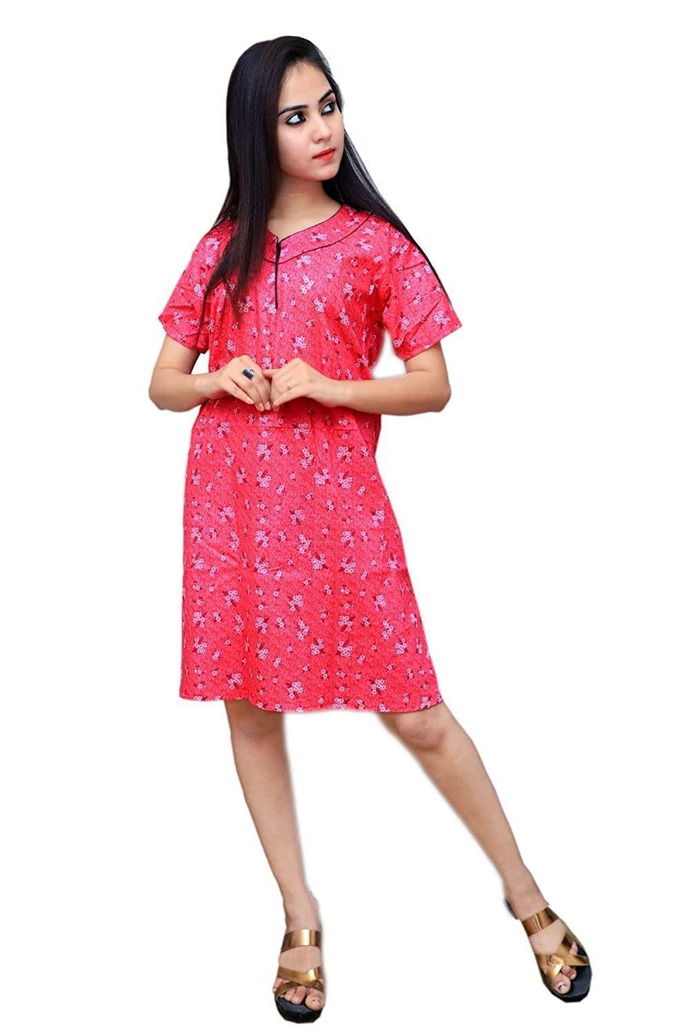 KBNBJ Printed Short Night Dress for Women/Cotton Nighty Pink