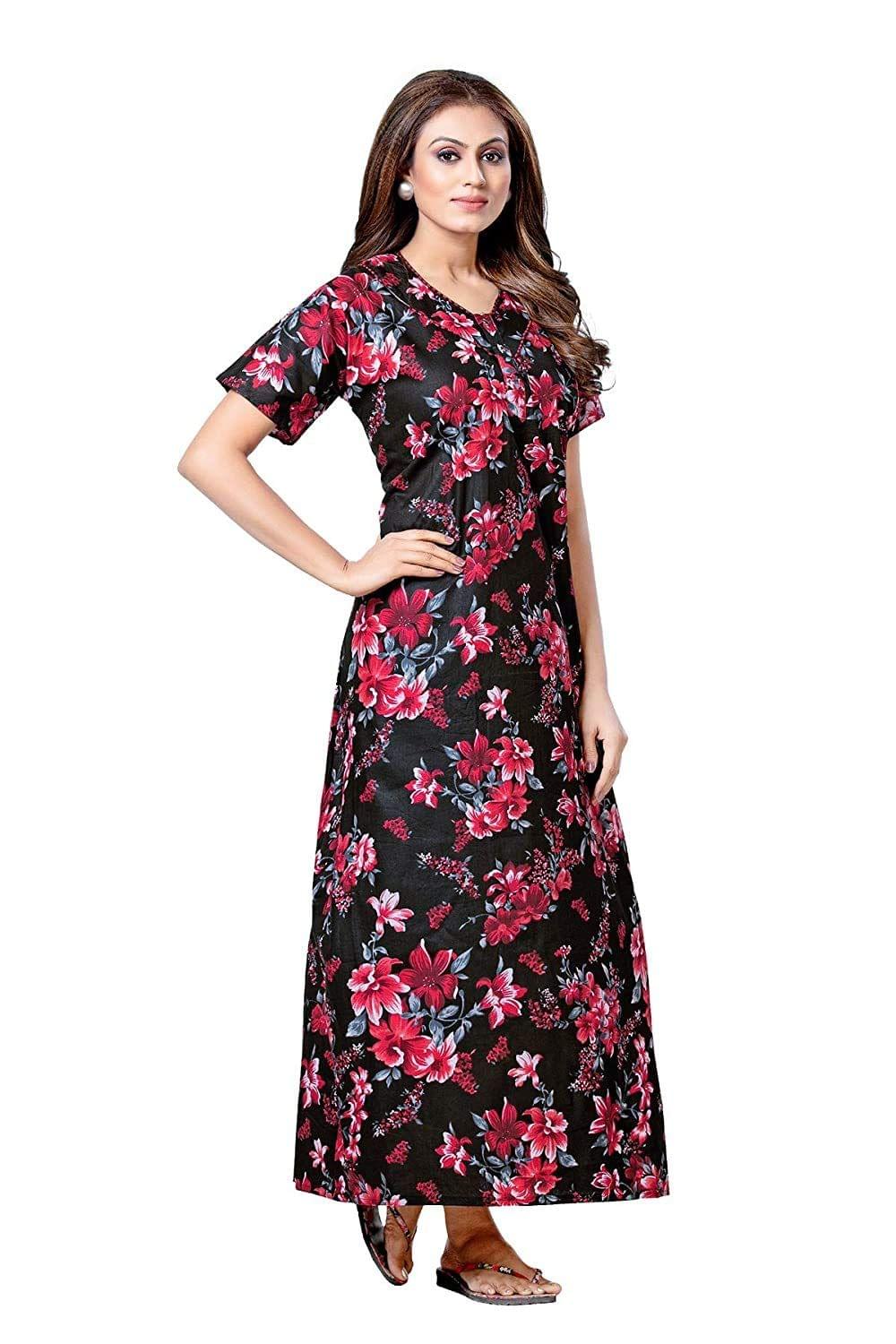 KBNBJ Women's Pure Cotton Floral Regular Nighty,Night Gown &Night Dress(Black) 1