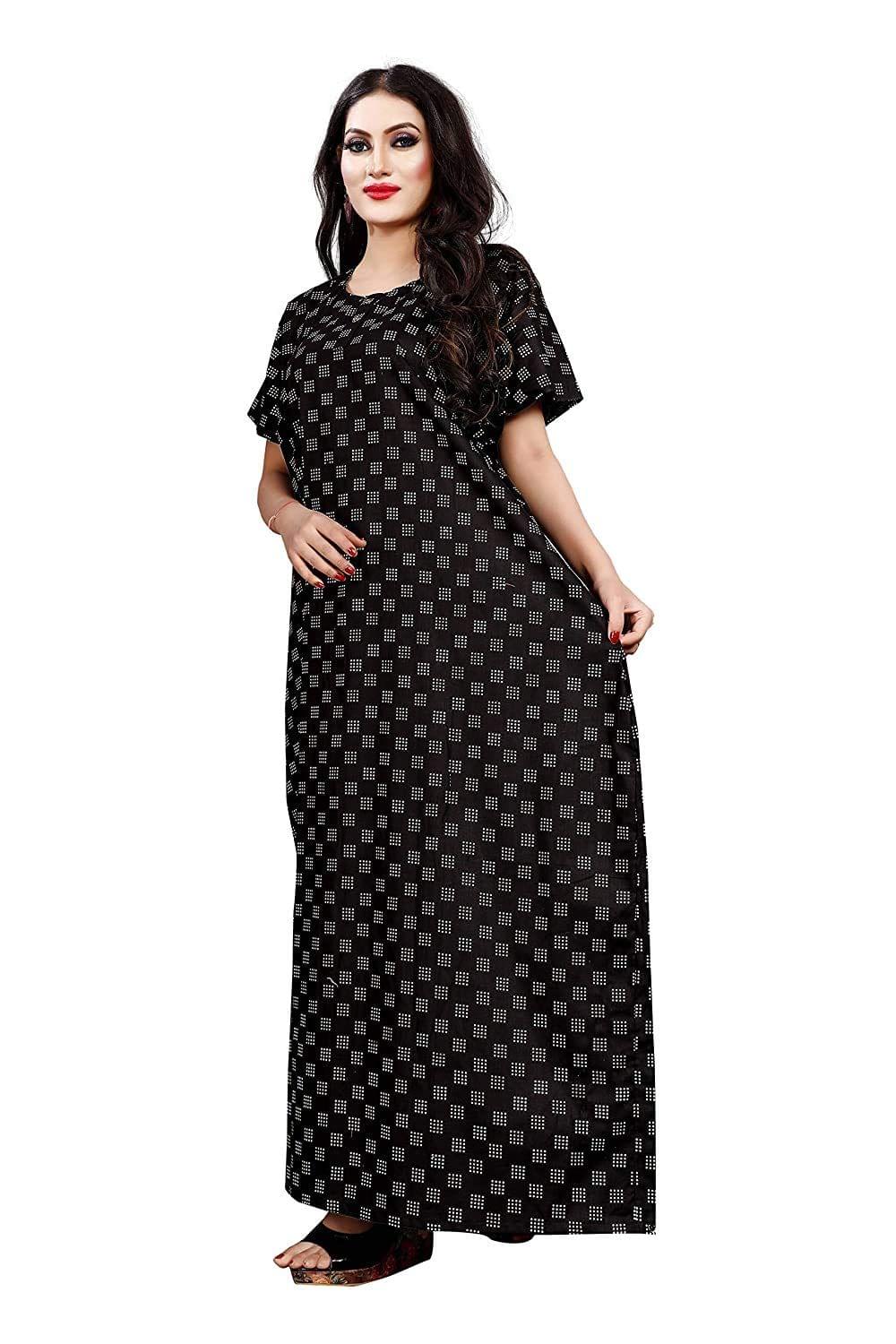 YUKATA Women's Cotton Printed Maxi Nighty (Black , Free Size )