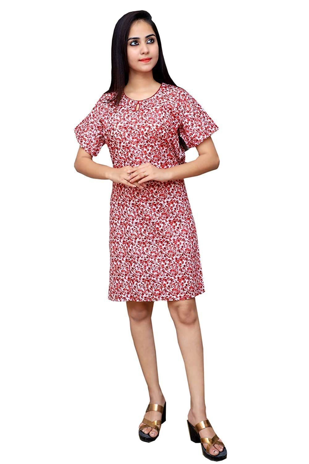 KBNBJ Printed Short Night Dress for Women/Cotton Nighty - Brown