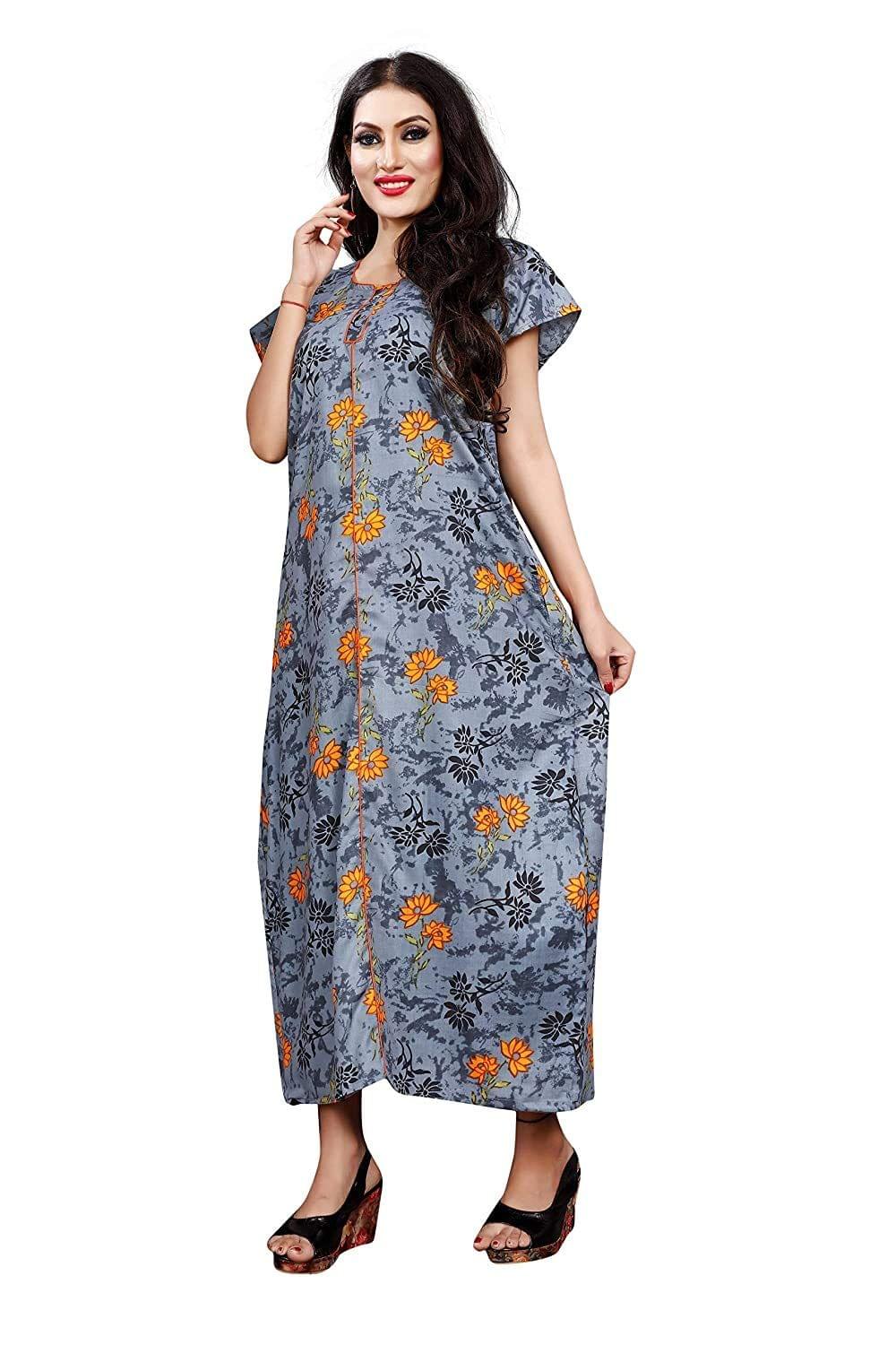 KBNBJ Women's Beautiful Print Full-Flare Nighty with Long Sleeves/Night Gown/Nightwear (Light Black)