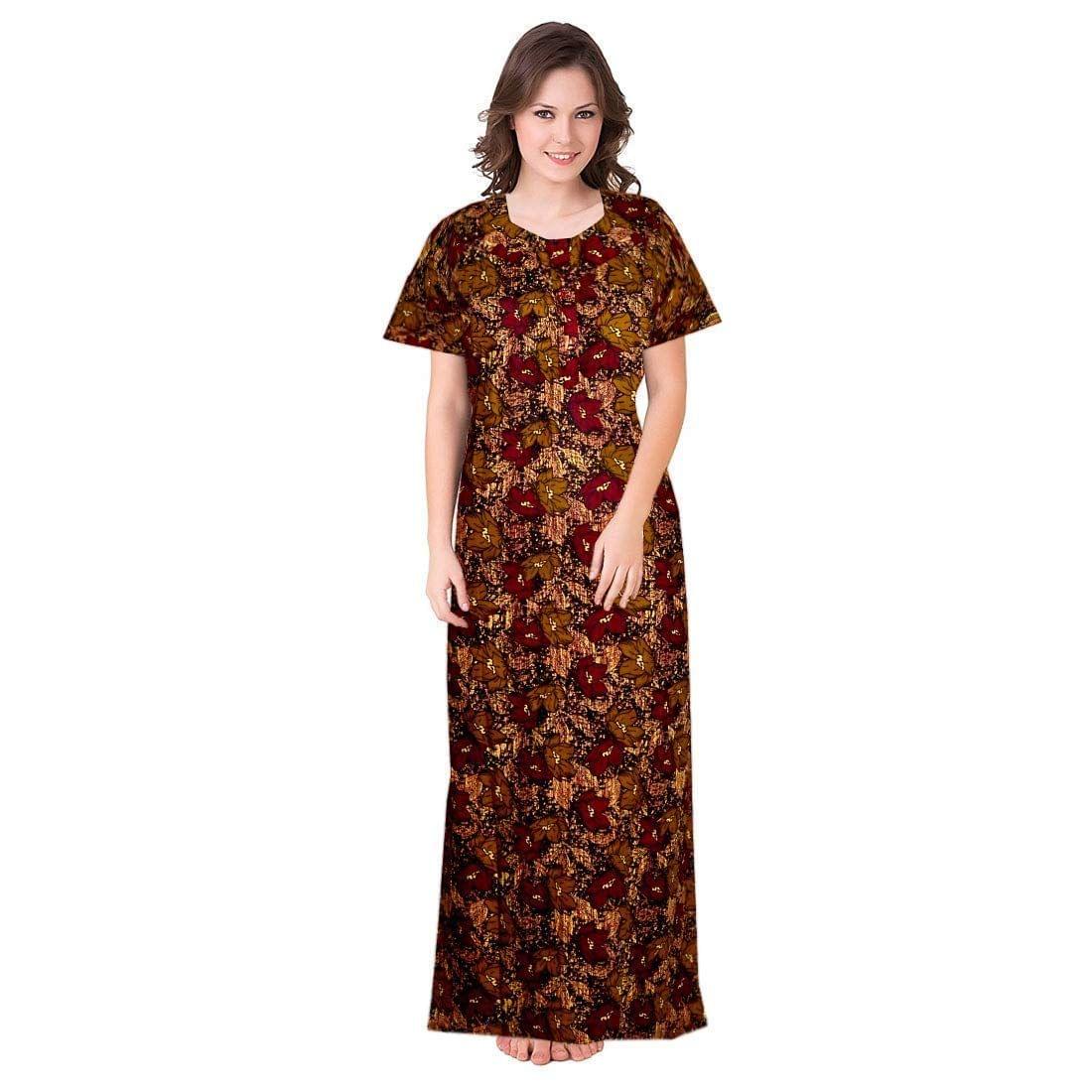 YUKATA Womens Cotton Printed Nighty, Free Size(1_1)(Brown_1)