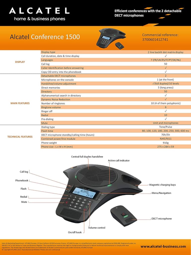 Alcatel Conference 1500 Analogue conferencing phone with 2 detachable DECT microphones