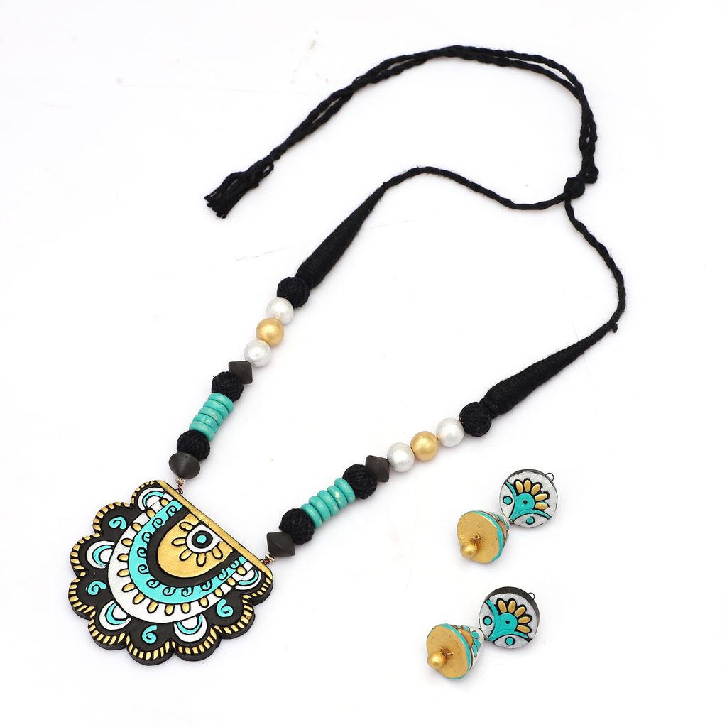 Le bijouxistic EKAM EK semi circular pendent necklace set with earrings for women in blue and white