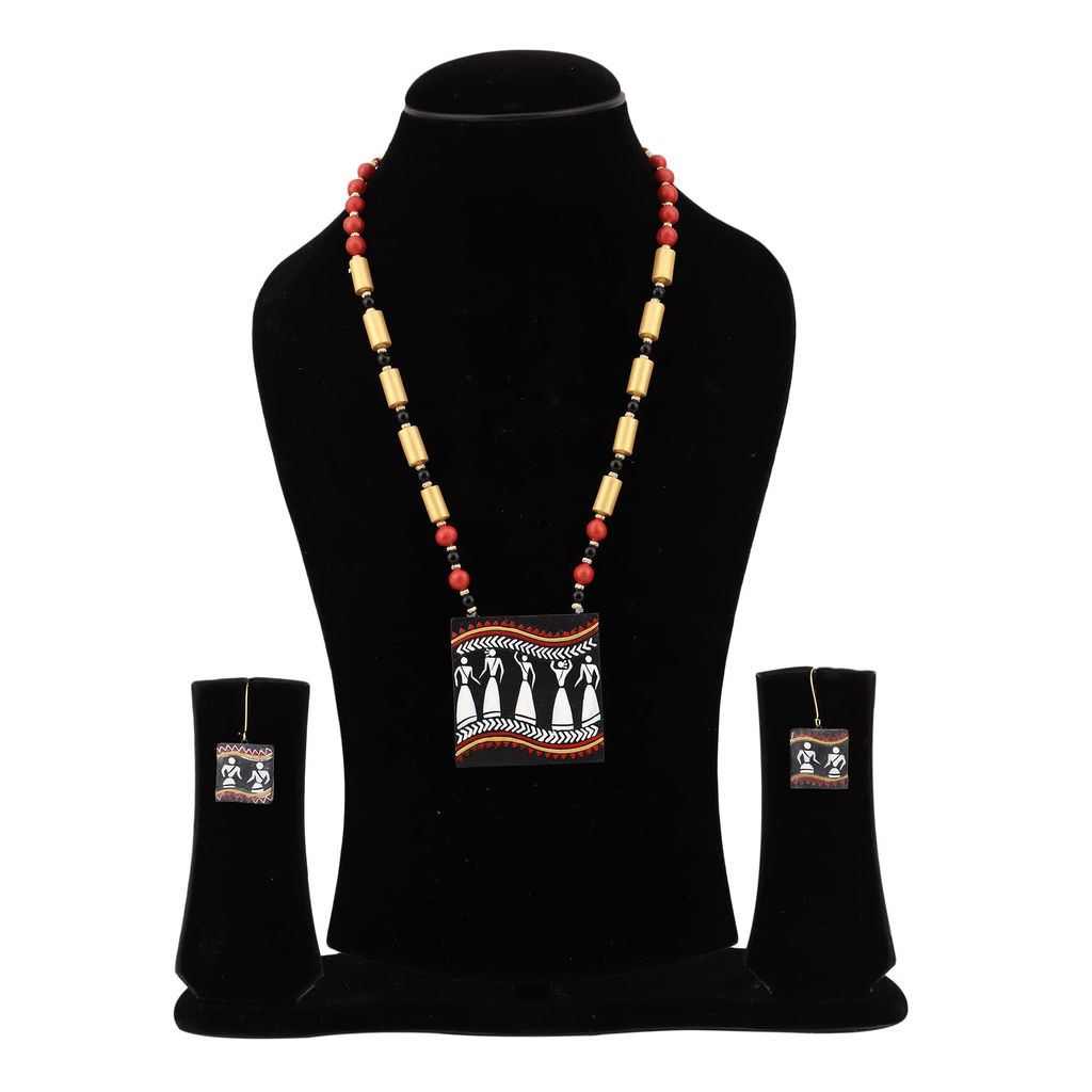 Le bijouxistic EKAM EK TERRACOTTA NECKLACE SET WITH EARRINGS IN WARLI DESIGN WITH BLACK BACKGROUND FOR WOMEN AND GIRLS FOR CASUAL AND FORMAL OCCASION