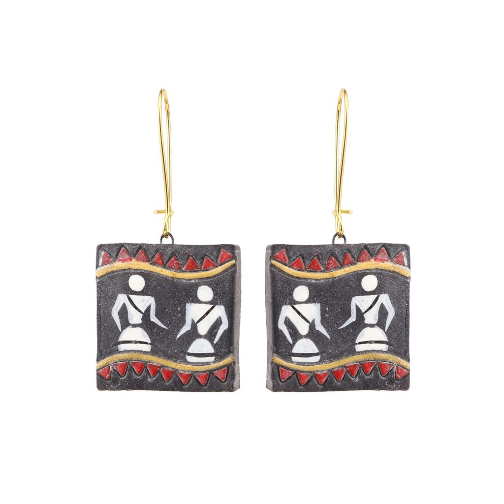 Le bijouxistic EKAM EK TERRACOTTA NECKLACE SET WITH EARRINGS IN WARLI DESIGN WITH BLACK BACKGROUND FOR WOMEN AND GIRLS FOR CASUAL AND FORMAL OCCASION