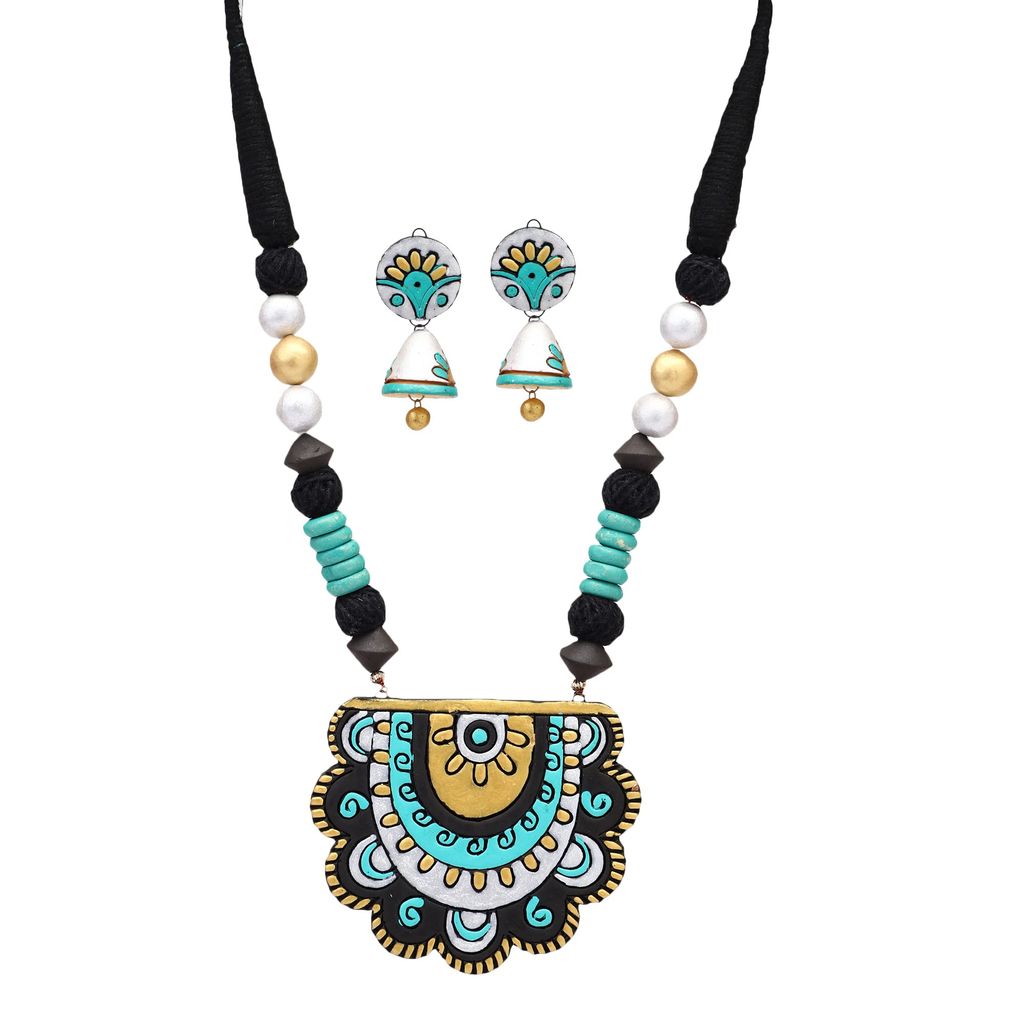 Le bijouxistic EKAM EK semi circular pendent necklace set with earrings for women in blue and white