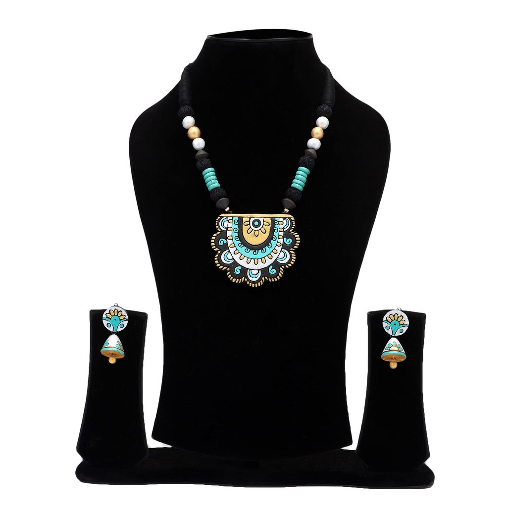 Le bijouxistic EKAM EK semi circular pendent necklace set with earrings for women in blue and white