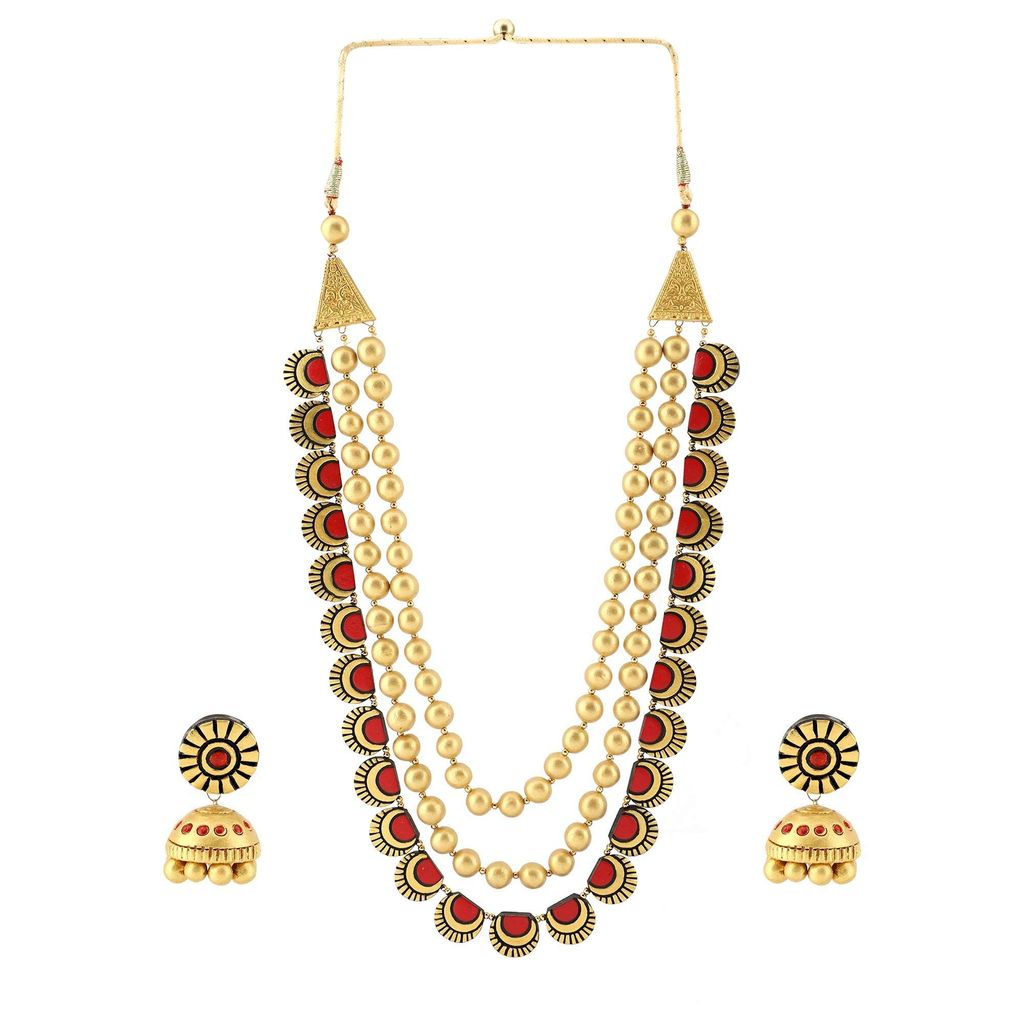 Ekam Ek terracotta necklace with earrings for women and girls for casual and formal wear for suit saree and skirt in gold and red colour