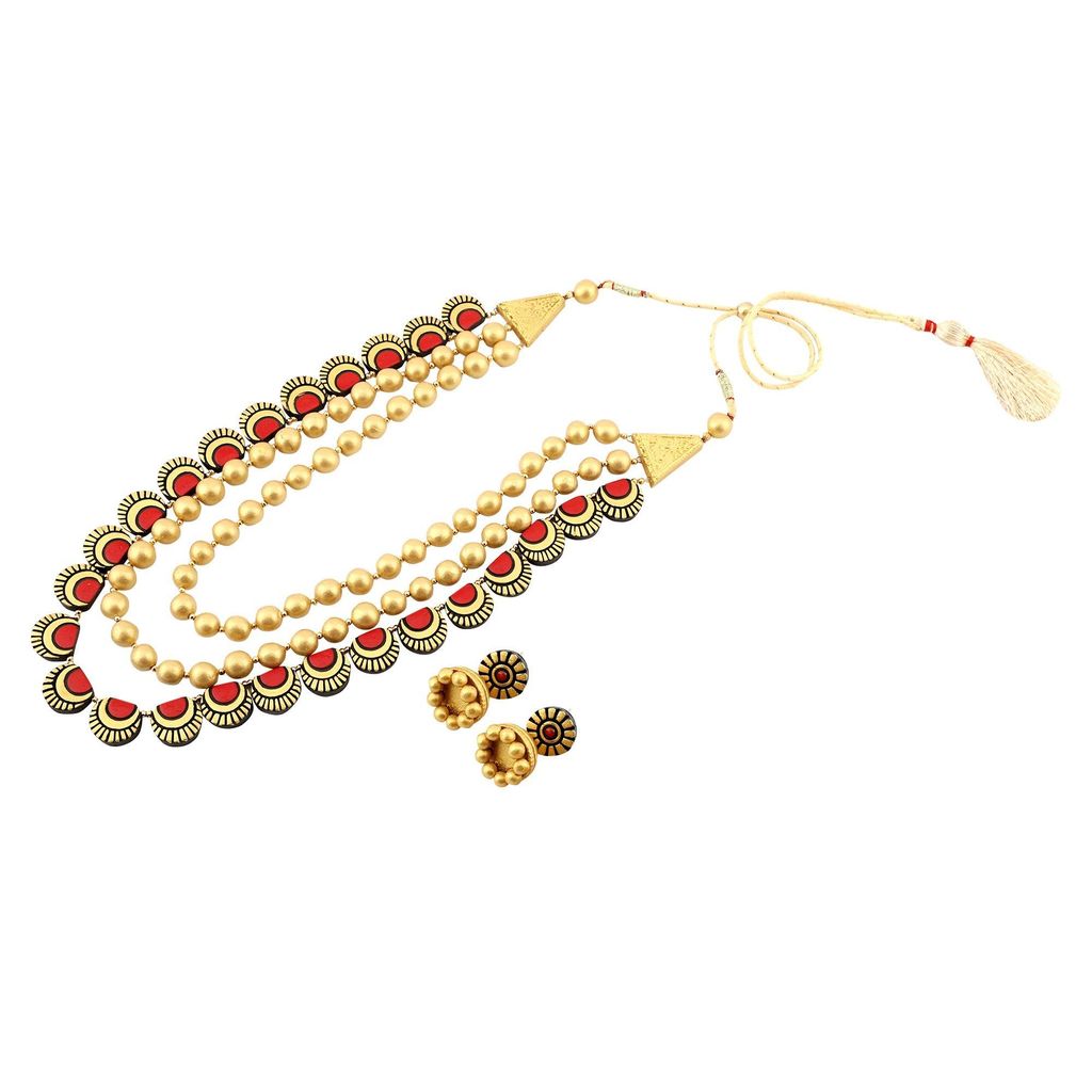 Ekam Ek terracotta necklace with earrings for women and girls for casual and formal wear for suit saree and skirt in gold and red colour