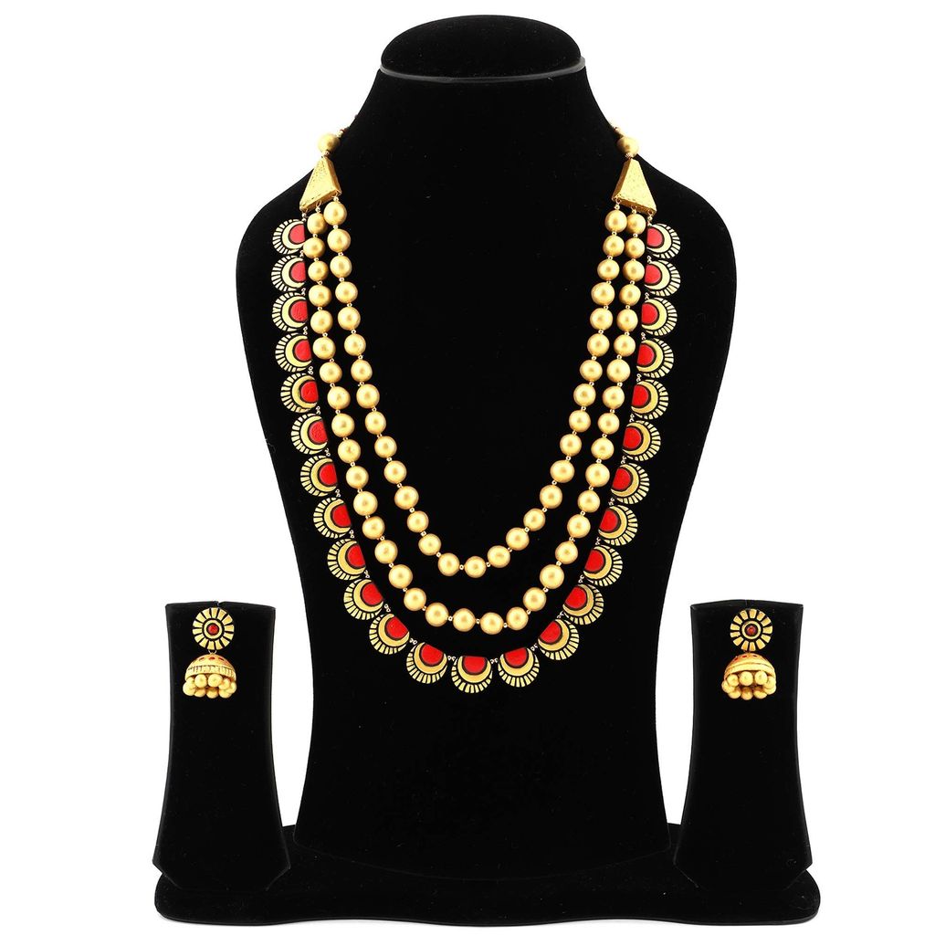Ekam Ek terracotta necklace with earrings for women and girls for casual and formal wear for suit saree and skirt in gold and red colour