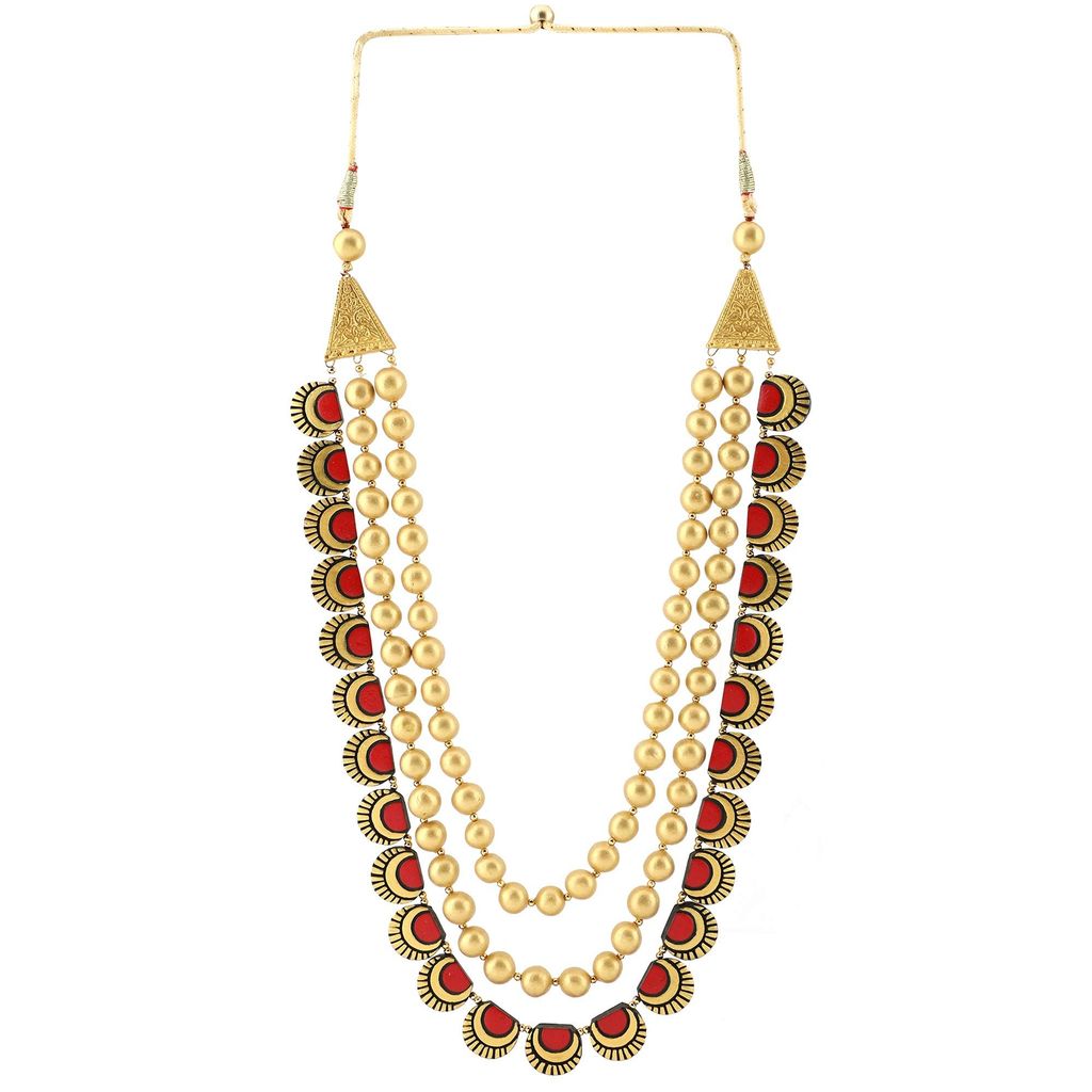 Ekam Ek terracotta necklace with earrings for women and girls for casual and formal wear for suit saree and skirt in gold and red colour