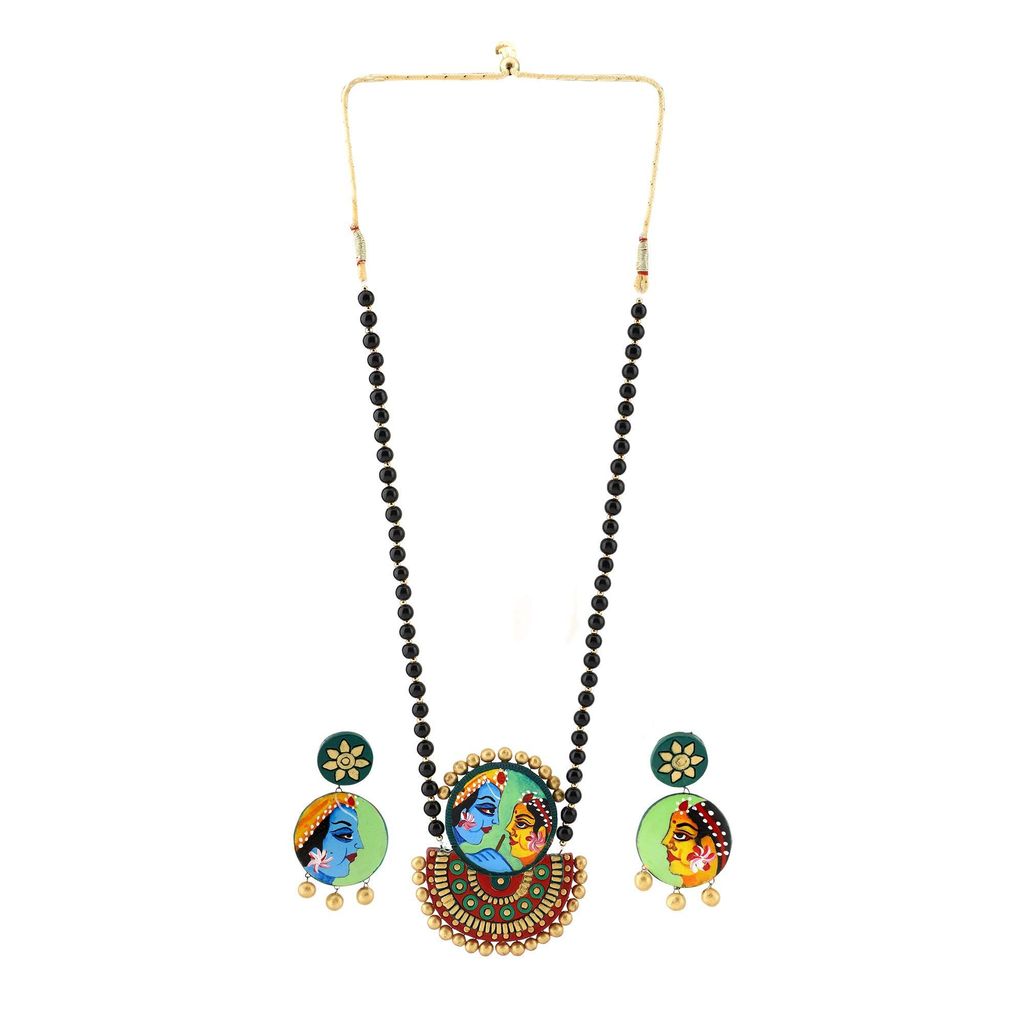 Ekam Ek terracotta necklace with earrings for women and girls for casual and formal wear for suit saree and skirt in multicolour radha krishna motive