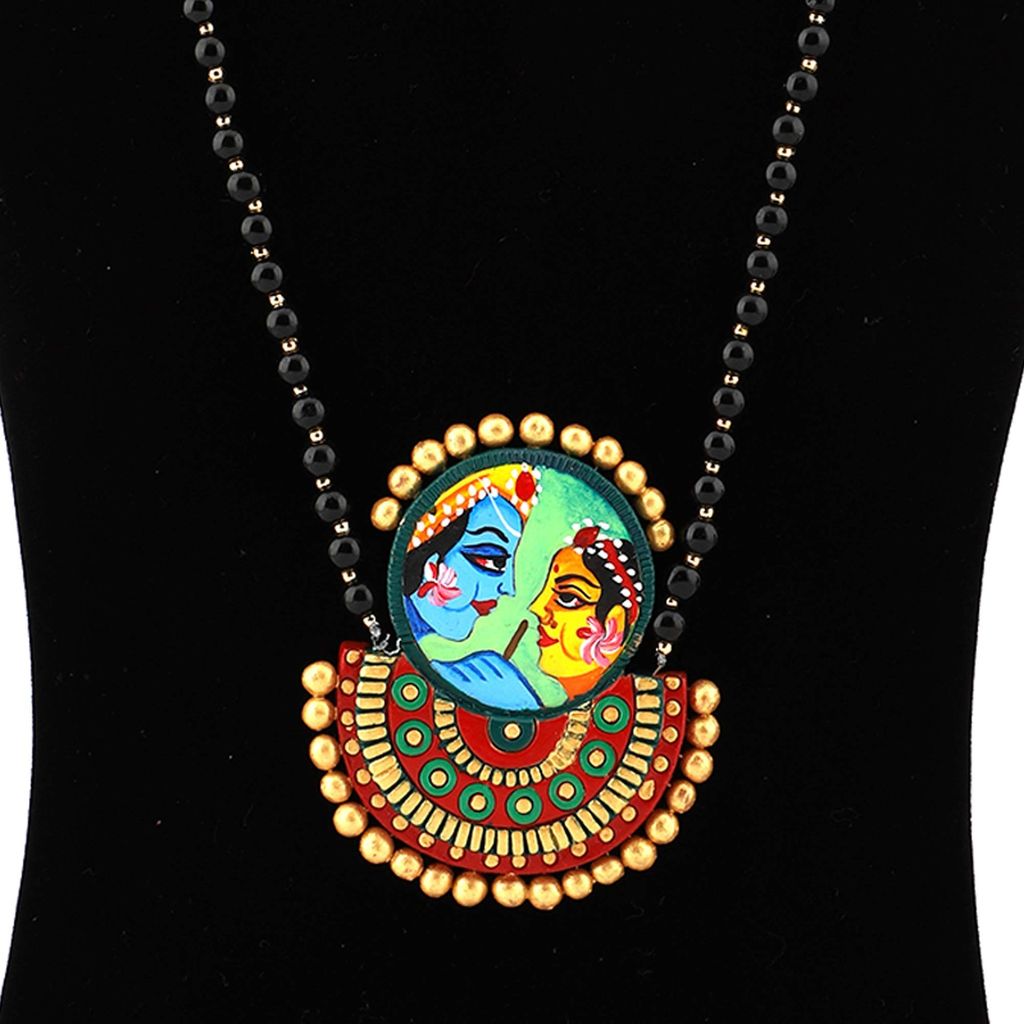 Ekam Ek terracotta necklace with earrings for women and girls for casual and formal wear for suit saree and skirt in multicolour radha krishna motive