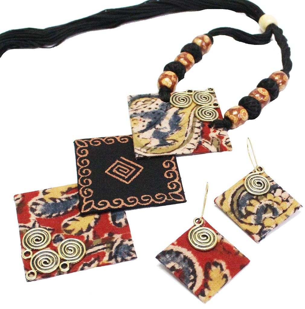 EKAM EK Kalamkari Design Lightweight Fabric Necklace Earrings Jewellery Set for Women (Black)
