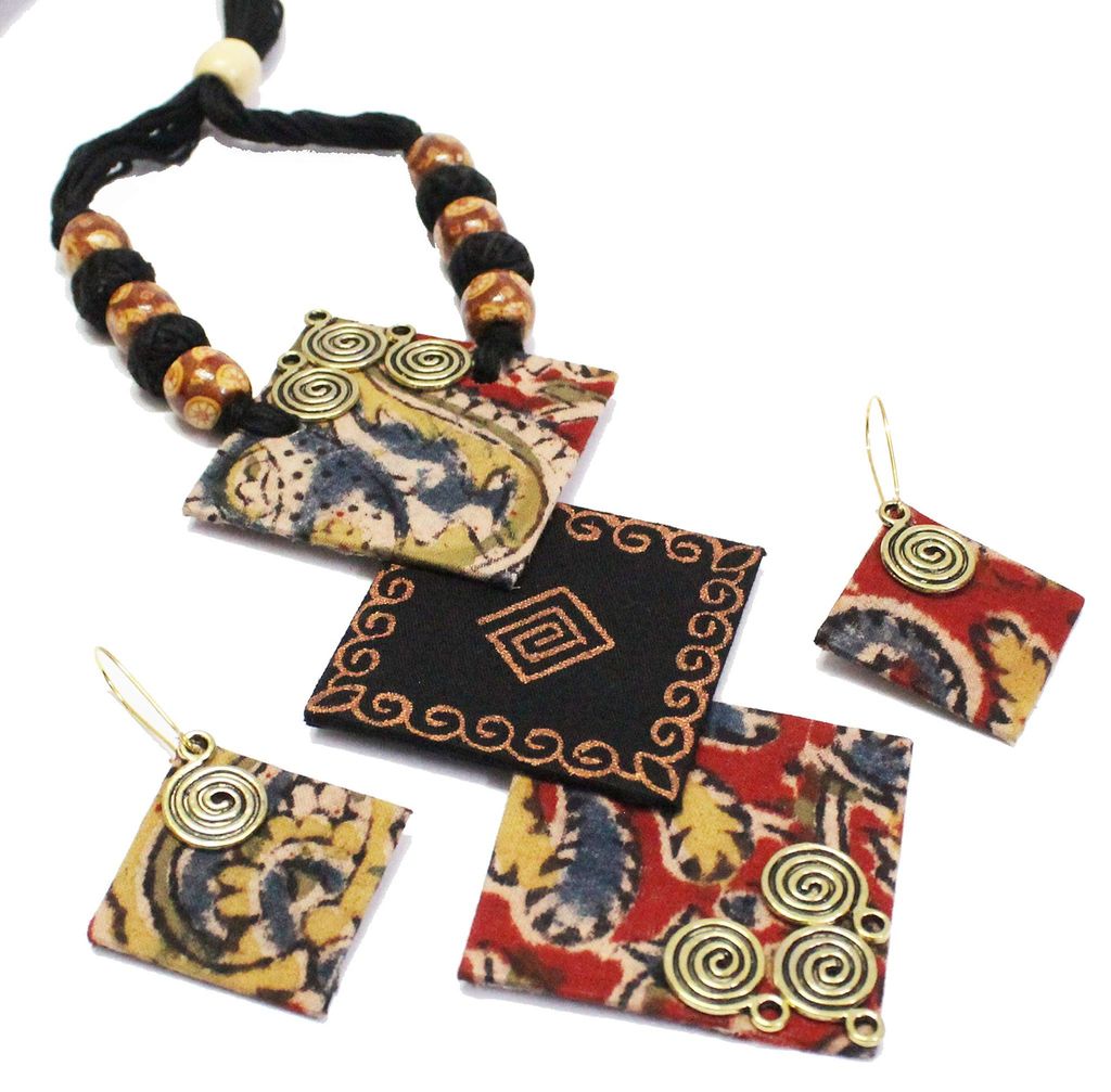 EKAM EK Kalamkari Design Lightweight Fabric Necklace Earrings Jewellery Set for Women (Black)