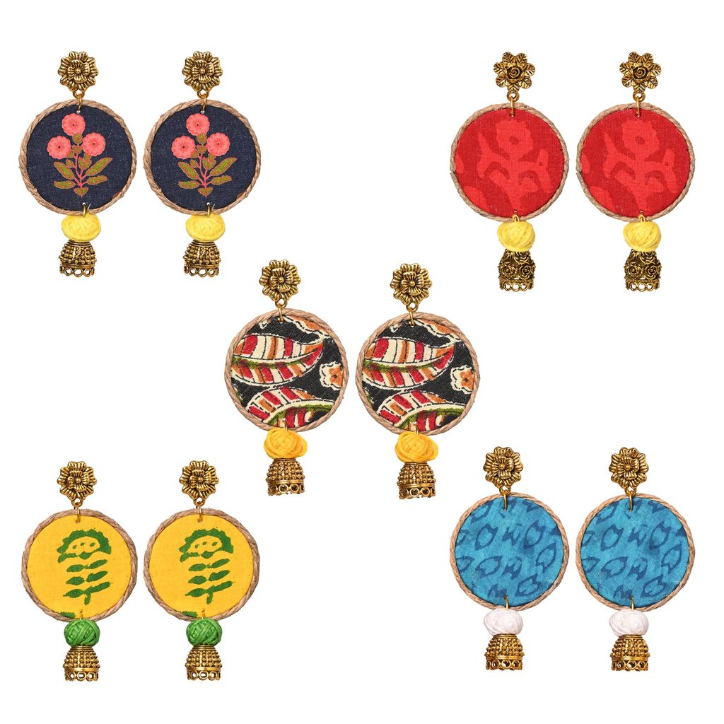 EKAM EK fabric earrings combo in multicolored fabrics for women and girls for casual wear and formal wear set of 5 pairs, round in shape
