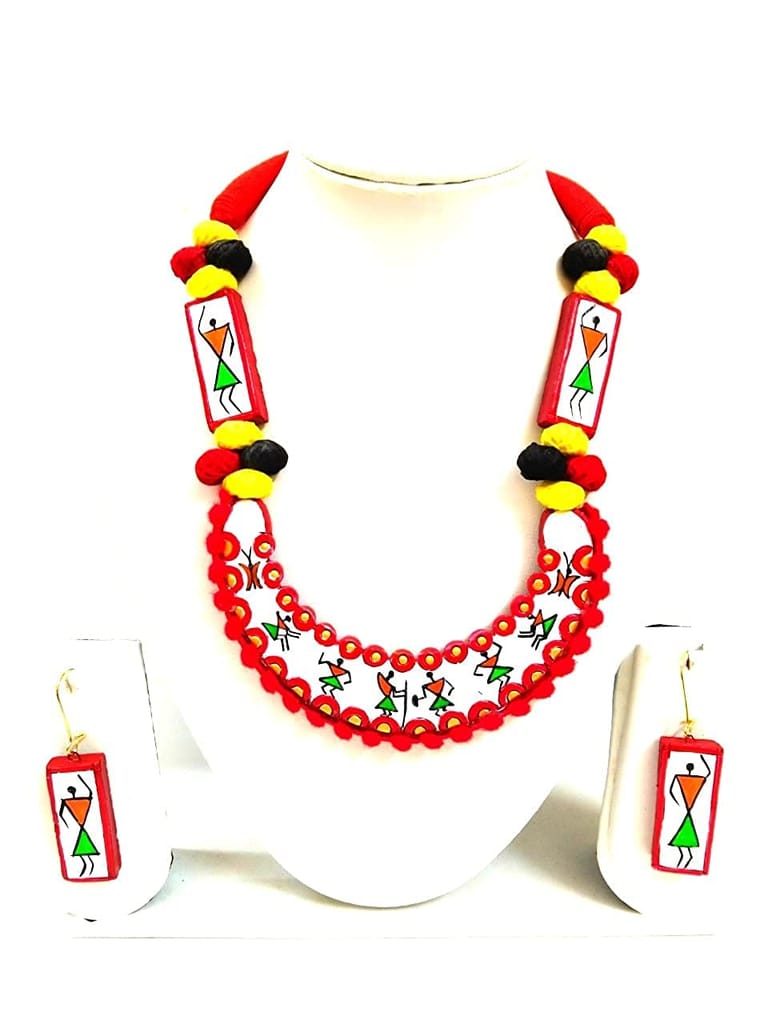 EKAM EK terracotta neckset with earrings for women and girls in white colour warli design for casual and formal wear for saree, suit and skirt for festivals