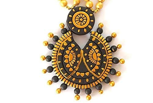 EKAM EK DELICATLY DESIGNED TERRACOTTA NECKLACE WITH EARRINGS FOR WOMEN AND GIRLS IN BLACK GREY AND GOLD