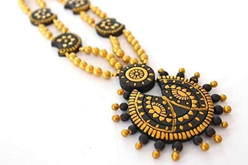 EKAM EK DELICATLY DESIGNED TERRACOTTA NECKLACE WITH EARRINGS FOR WOMEN AND GIRLS IN BLACK GREY AND GOLD