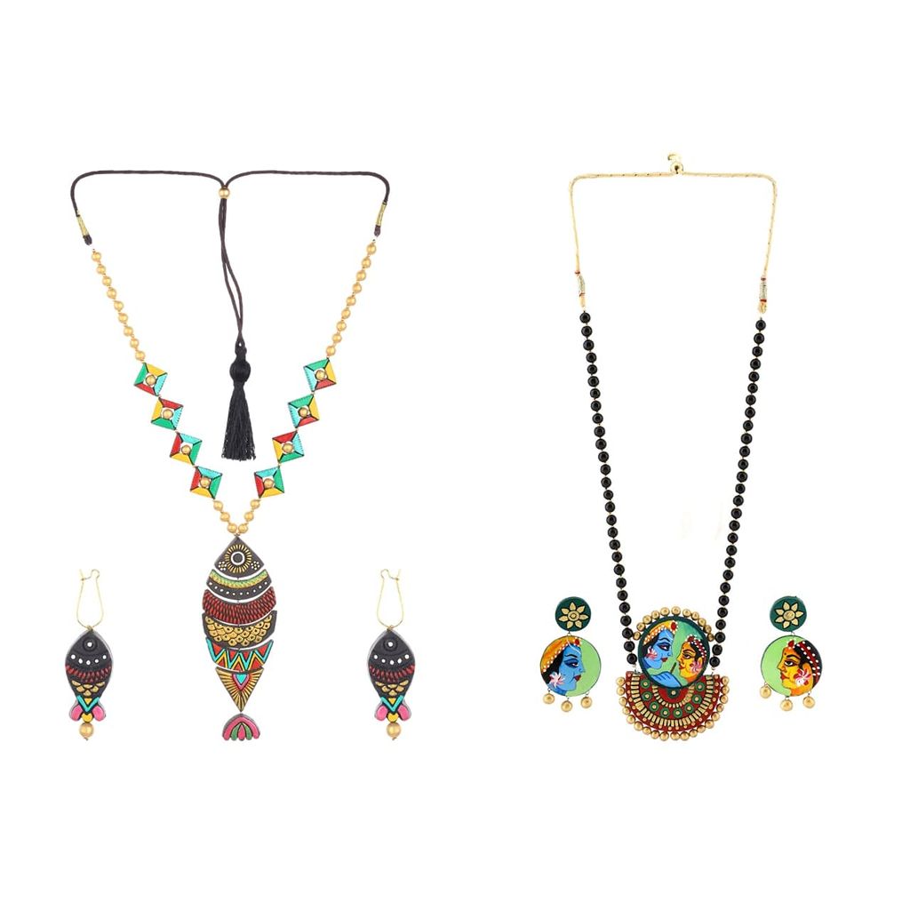 Le bijouxistic EKAM EK TERRACOTTA NECKLACE SET WITH EARRINGS COMBO OF 2 NECKLACES