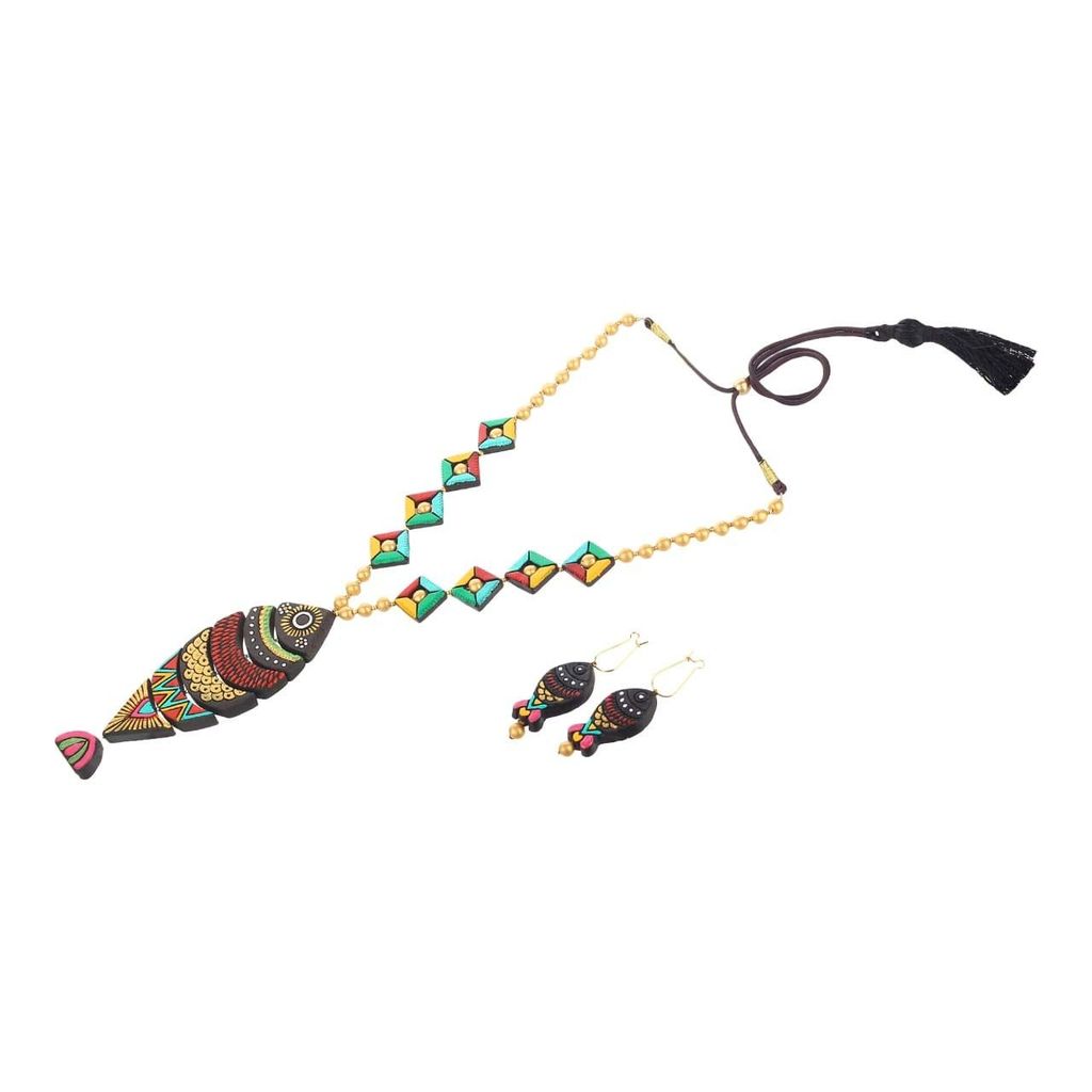 EKAM EK terracotta neckset with earrings for women and girls in MULTICOLOUR fish motive for casual and formal wear for saree, suit and skirt for festivals