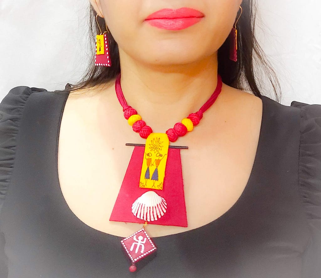 EKAM EK Warli Design with Shell Women's Lightweight Fabric Necklace Earrings Jewelry Set saree suit skirt party wear red color suitable