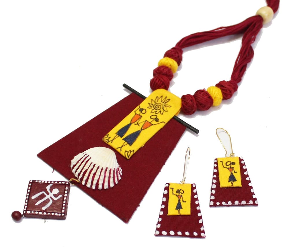EKAM EK Warli Design with Shell Women's Lightweight Fabric Necklace Earrings Jewelry Set saree suit skirt party wear red color suitable